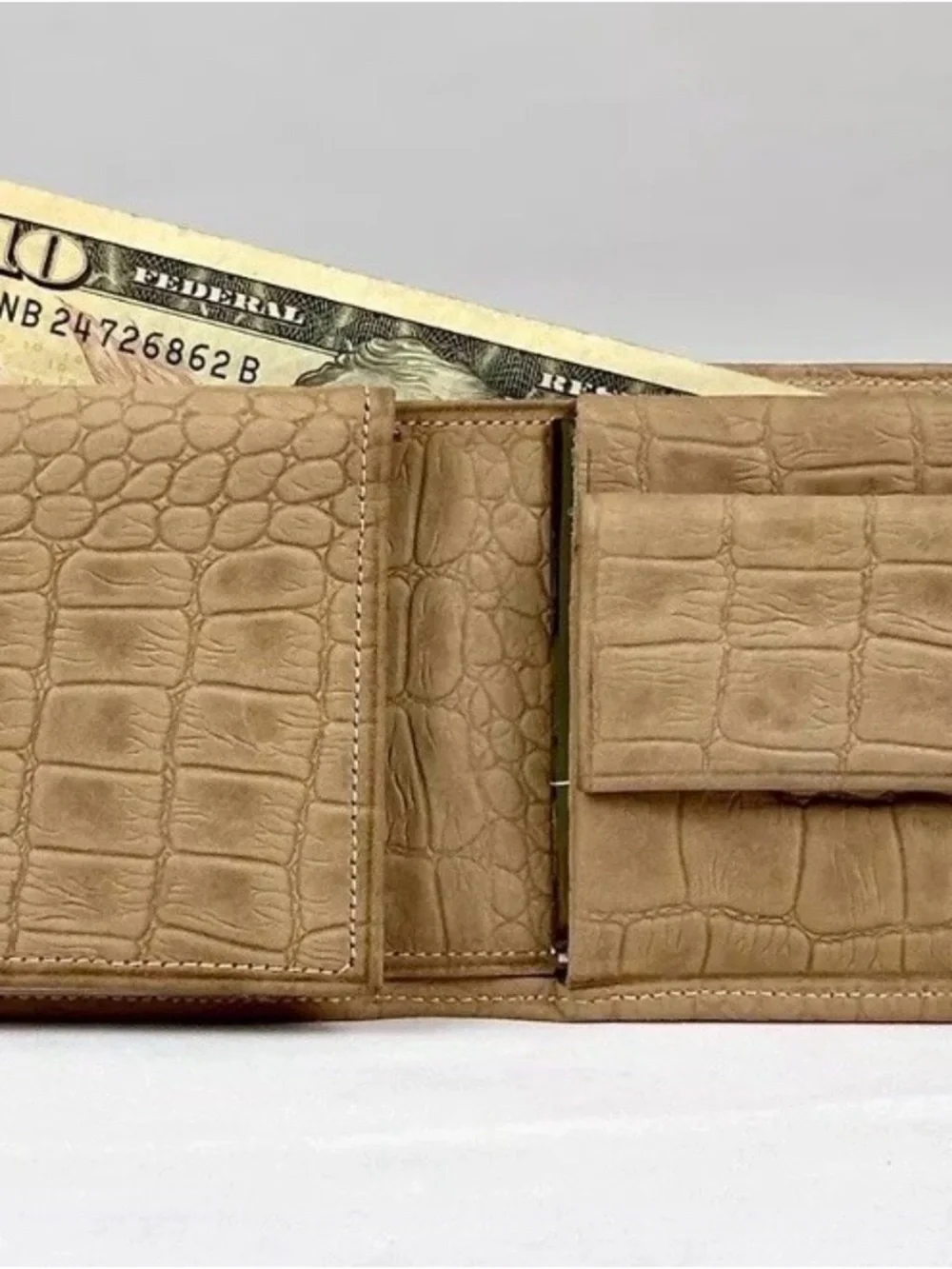 Vintage Elko Cowhide Leather Gator Grain Bifold Wallet Tan NOS